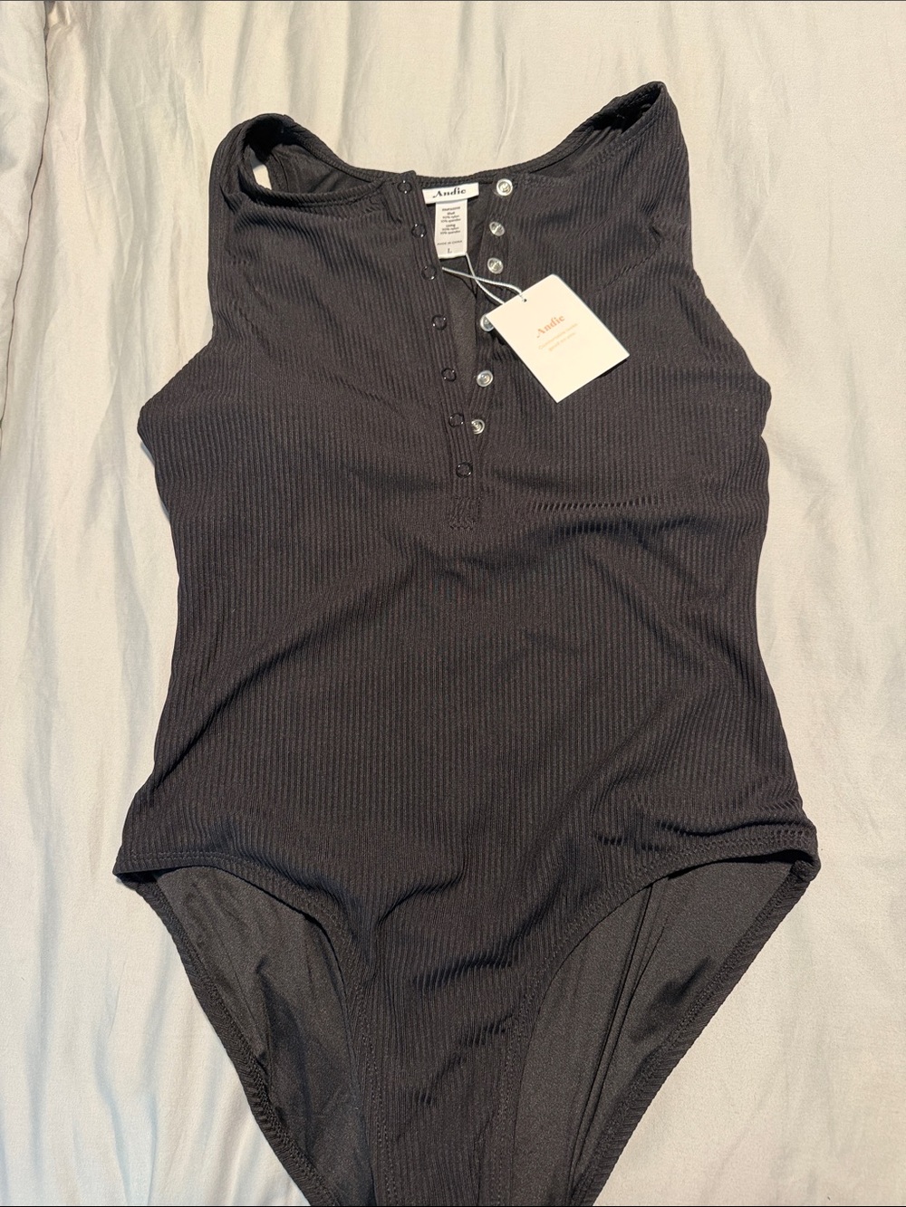Andie Black Ribbed Henley One-Piece swimsuit